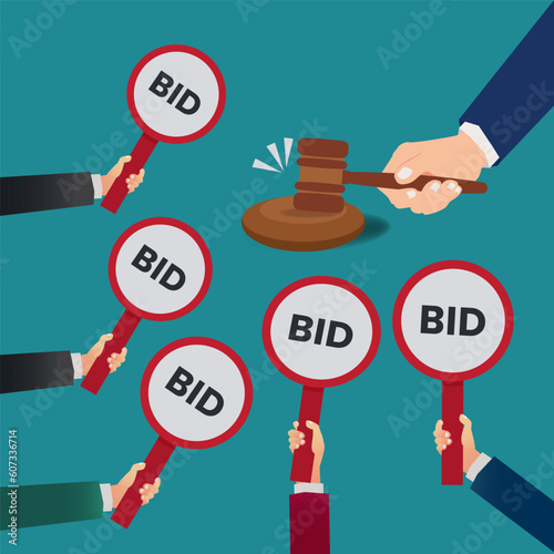 Hands holding bid paddle and auctioneer hand with gavel. Auction bidding concept design vector illustration