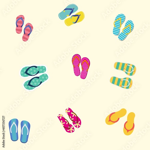 Multicolored flip-flops on a light yellow base. Square.