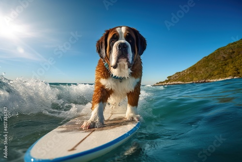 Image of a Saint Bernard dog surfing on a surfboard at the beach on a sunny day.