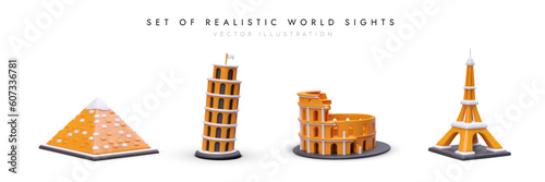 Set of realistic architectural monuments of world. Collection of 3D icons with shadows. Outstanding buildings of Europe and Africa. Color illustrations for web design of tourist pages