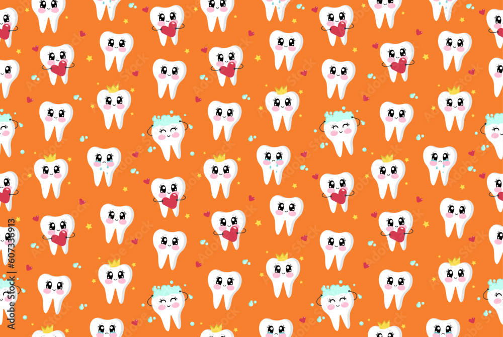 Funny orange seamless pattern of cute snow white happy tooth, crying and sick moody tooth with hearts and cleaning. Cartoon characters in flat design. Kawaii teeth characters for kids babies for print