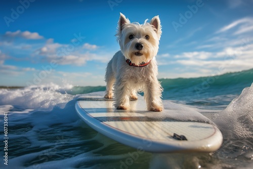 Image of a Westie surfing on a surfboard at the beach on a sunny day. photo