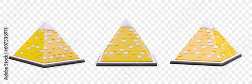 Set of isolated realistic pyramids. 3D architectural Egyptian sights from different sides. Pyramids with white top, clearly visible bricks, shadows. Three dimensional icons on tourist theme