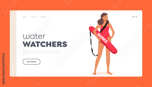 Water Watchers Landing Page Template. Experienced Female Lifeguard Character Ensuring Safety At The Pool Or Beach