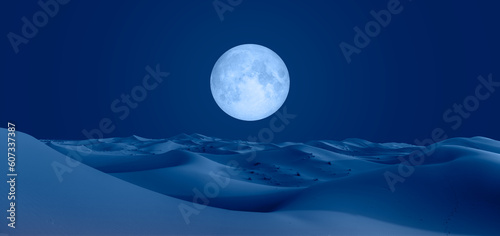 Fototapeta Naklejka Na Ścianę i Meble -  Beautiful sand dunes in the Sahara desert at sunrise with super full moon - Sahara, Morocco 