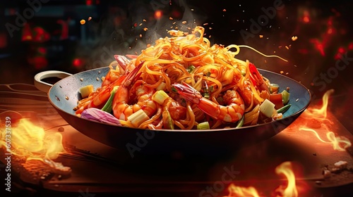 Char Kway Teow tasty meal background. Delicious food. Generative AI photo