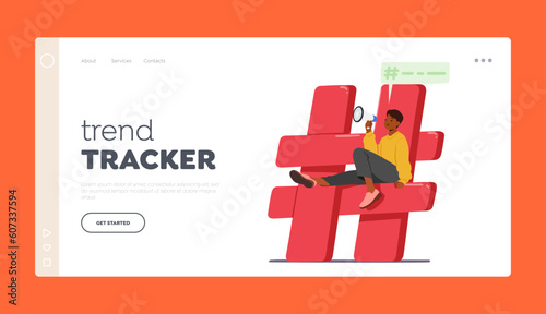 Trend Tracker Landing Page Template. Man Character With Loudspeaker Sitting On Huge Hashtag Sign, Vector Illustration