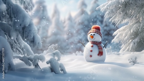 Fotografie, Obraz Realistic snowman smiling standing in snow near spruce trees