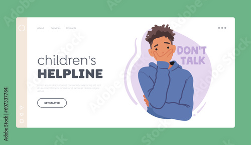 Children's Helpline Landing Page Template. Shocked Teen Boy Covering Mouth With Hand, Keeping Silence., Illustration