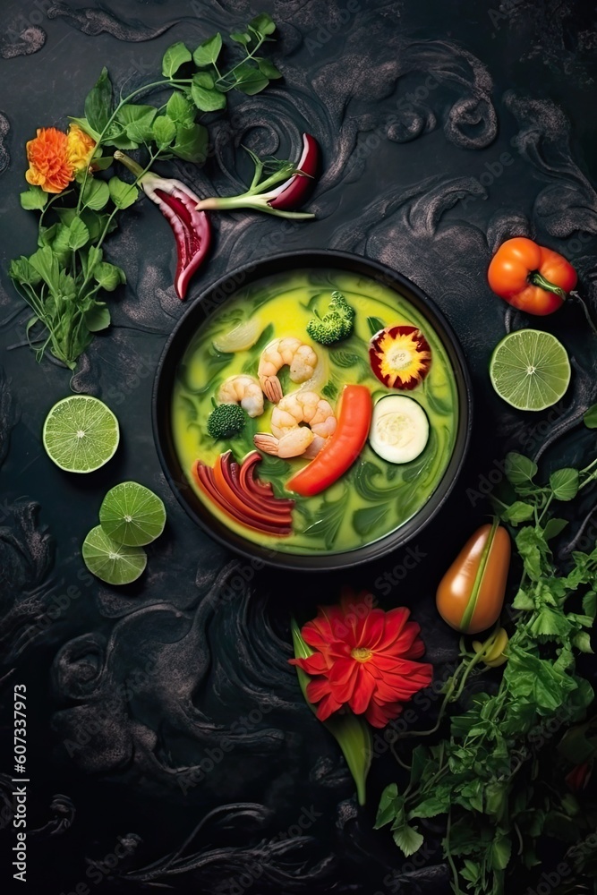 Green Curry meal on black stone surface background. Generative AI