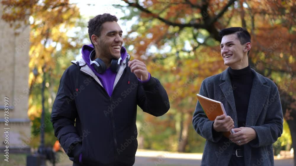 Dolly shot portrait of African American and Caucasian young men strolling at university campus talking smiling. Happy confident intelligent groupmates strolling outdoors Dolly shot portrait of African American and Caucasian young men strolling at university campus talking smiling. Happy confident intelligent groupmates strolling outdoors