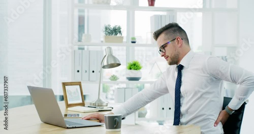 Wallpaper Mural Back pain, business man and stress at laptop for muscle injury, health risk and backache on chair. Uncomfortable worker, spine problem and bad posture at computer from scoliosis, fatigue and burnout Torontodigital.ca