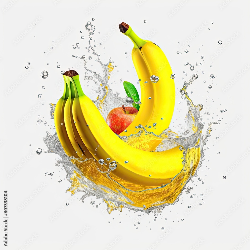 Banana fresh fruit in water splash isolated on white background. Generative AI