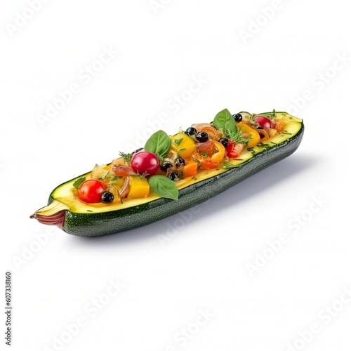 Stuffed zucchini boats vegetarian dish isolated on white background. Generative AI