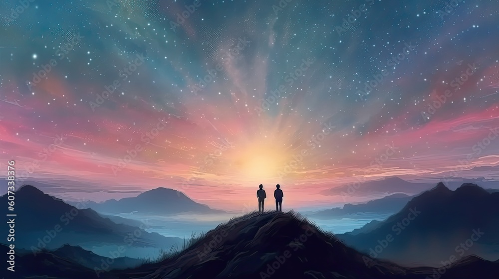 Silhouette of two hikers were standing at the top of the mountain looking at the stars over the twilight sky. Generative AI