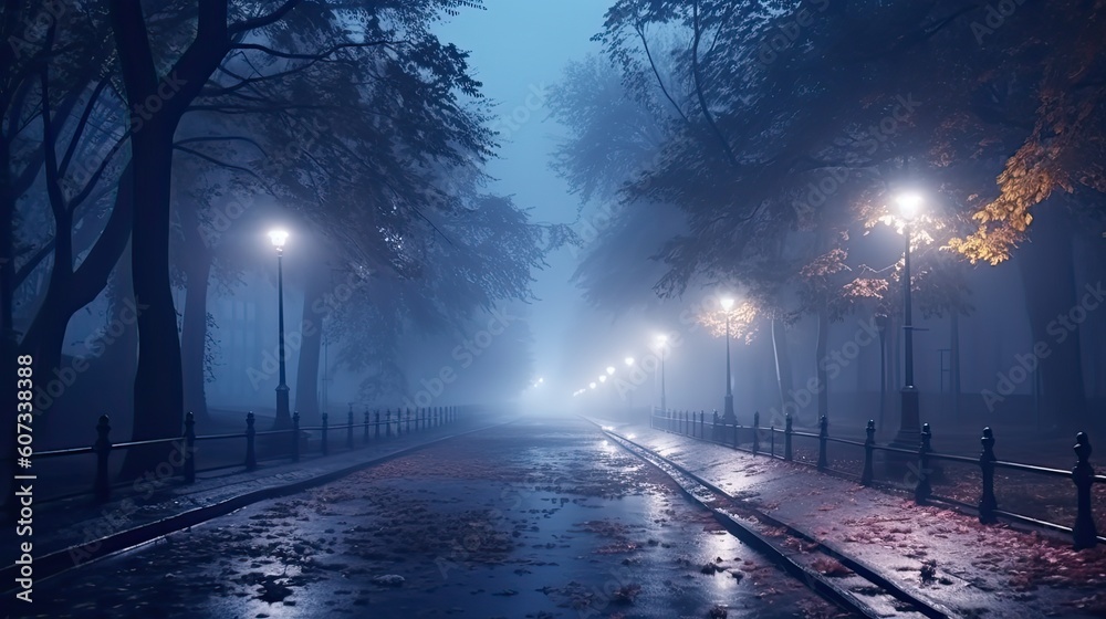 Twilight in a city park or forest. Fog over empty alleys. Generative AI
