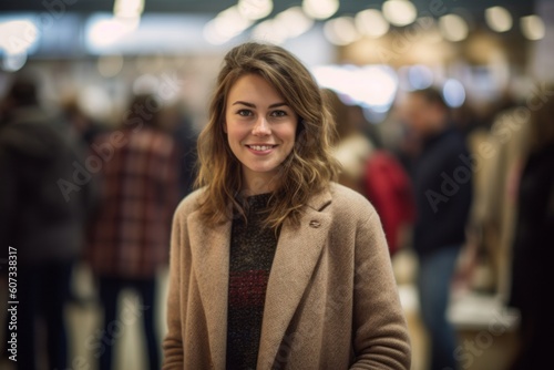 Group portrait photography of a grinning girl in her 30s wearing a chic cardigan against a bustling art fair background. With generative AI technology