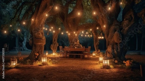 Night wedding background with a lot of candles and vintage lamps on big tree. Generative AI