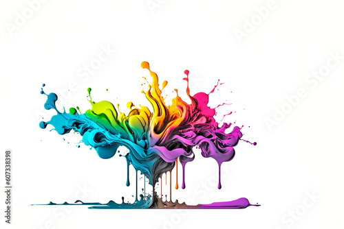 Exploding liquid paint in rainbow colors with splashes 