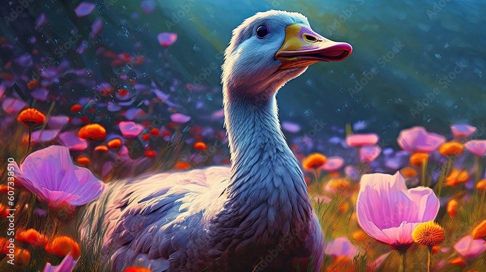 Fototapeta premium Goose in field of wild flowers. Generative AI