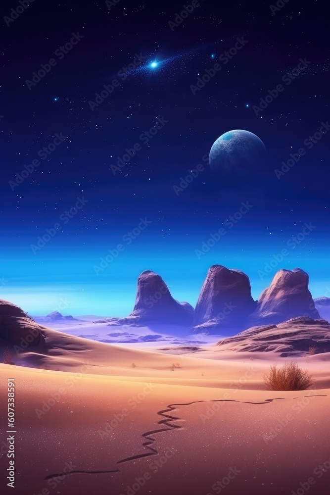 Scenic view of sandy desert under sky with stars at twilight time. Generative AI