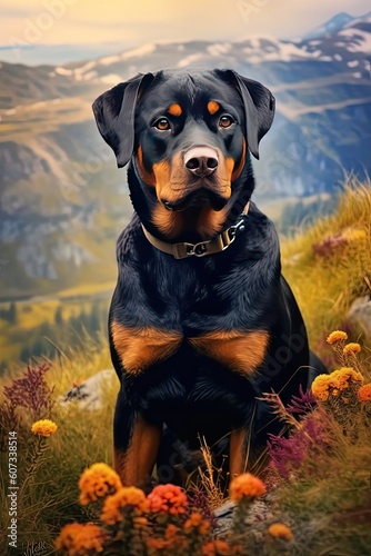 Rottweiler in nature at mountain valley. Generative AI