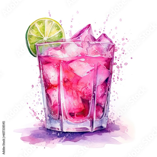 Refreshing pink drink or cocktail with ice, garnished with a slice of lime. Generative AI