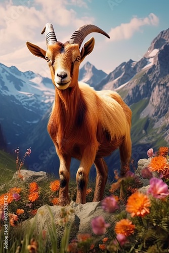 Goat in nature at mountain valley. Generative AI © tanyastock
