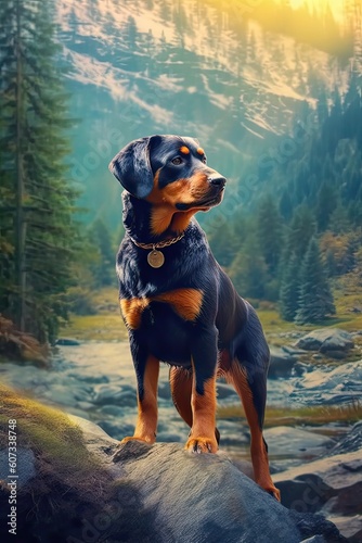 Rottweiler in nature at mountain valley. Generative AI
