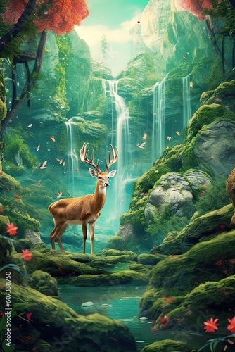 Deer in nature at mountain valley. Generative AI © tanyastock