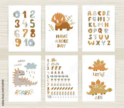 Set of posters with cute dinosaurs, numbers and alphabet dinosaurs.