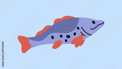 Fish swimming in sea water. Underwater aquatic marine animal floating undersea. Wild nature, river, freshwater. Flat vector illustration