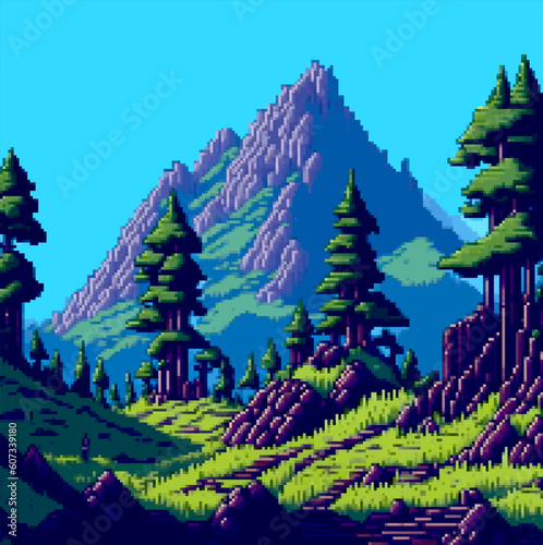 Landscape 8bit pixel art. Summer natural landscape mountain scenery arcade game background