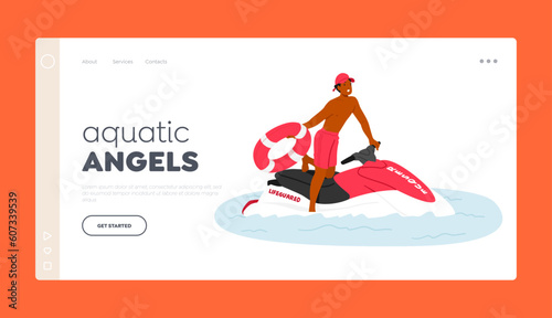 Aquatic Angels Landing Page Template. Lifeguard Male Character Wear Red Uniform, Equipped With Life Buoy