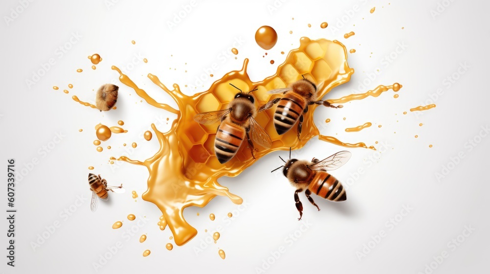 Honey with bee with white background top view Created With Generative AI Technology - obrazy, fototapety, plakaty 