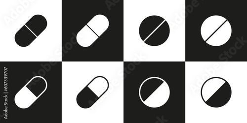 Pills vector set.  Outline and filled drug pills icon from medical and healthcare collection. EPS 10