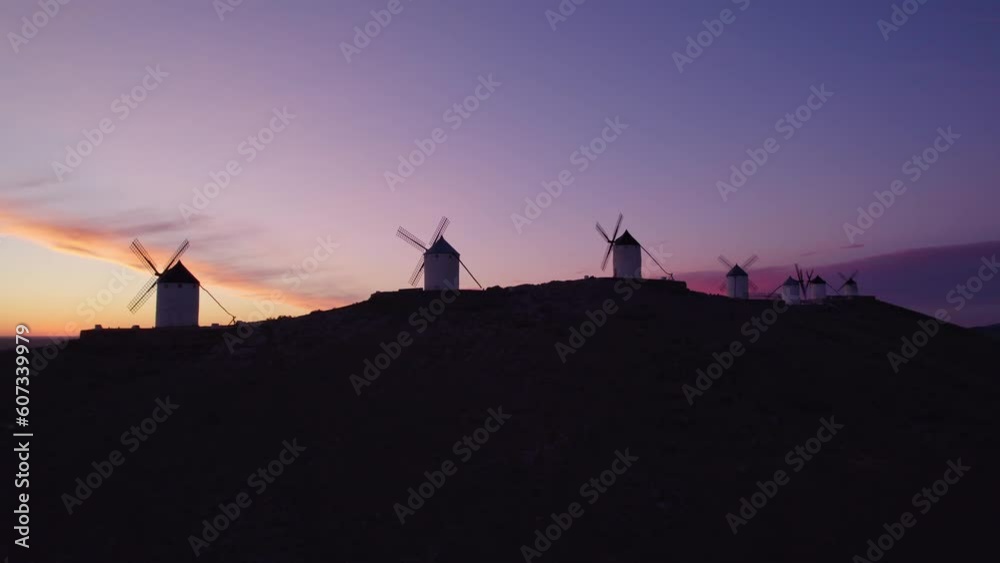Consuegra, Spain colourful sunrise at famous windmills, Drone shot 4k Consuegra, Spain colourful sunrise at famous windmills, Drone shot 4k