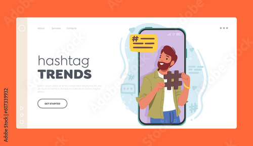 Hashtag Trends Landing Page Template. Man Character Holding Hashtag Sign On Huge Smartphone Screen, Vector Illustration