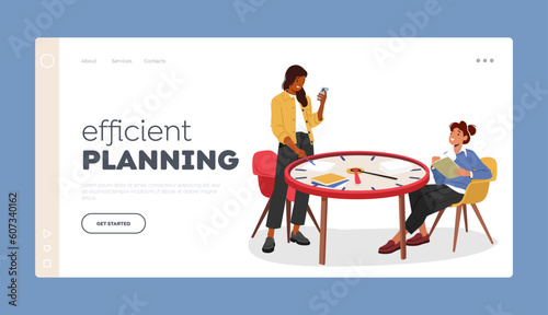 Efficient Planning Landing Page Template. Women Characters Seated At Giant Clock Table With Smartphone And Papers