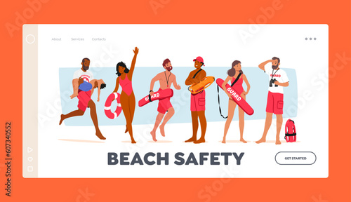 Beach Safety Landing Page Template. Lifeguard Characters Patrolling Sandy Shores, Ensuring Safety For Beachgoers