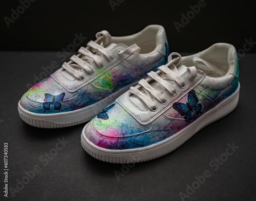 Closeup of customized trainer shoes on a gray surface photo
