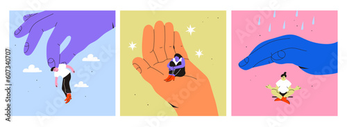 Set of big hands and small people. Giant hand holding and covering tiny persons. Psychological help, support, calmness, assistance concept. Hand drawn Vector isolated illustrations