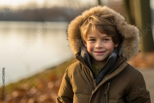 Environmental portrait photography of a satisfied kid male wearing a warm parka against a peaceful riverside walk background. With generative AI technology