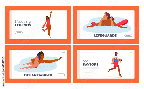 Lifeguards Landing Page Template Set. Characters On Beach Are Vigilant, Trained, And Responsible For Ensuring Safety