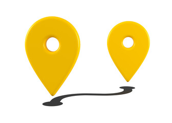 Two yellow place marks isolated. Close up location symbol isolated or web point, pointer concept. 3d rendering.