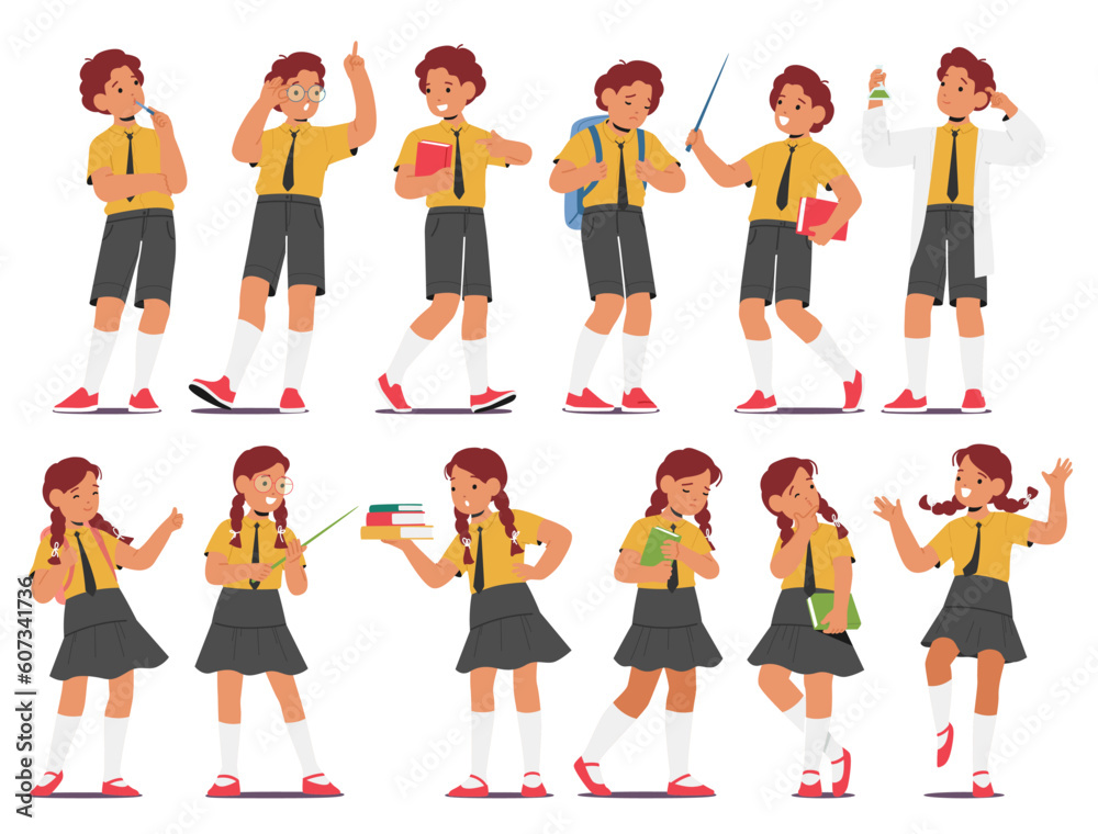 Schoolkid Character Different Poses and Expressions. Boys and Girls Rejoice, Show Thumb Up, Carry Books, Happy or Upset
