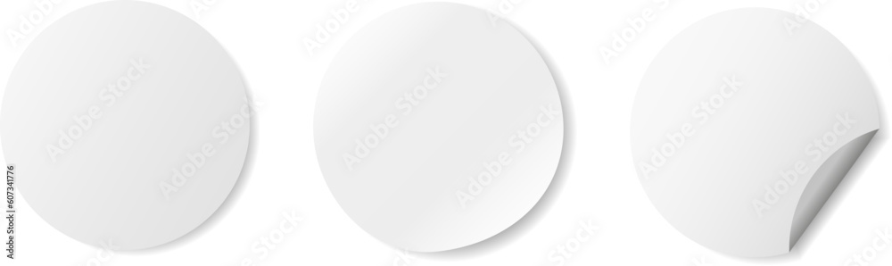 White round stickers. Mark badge for blank template. Circular shaped blank paper labels. Vector illustration