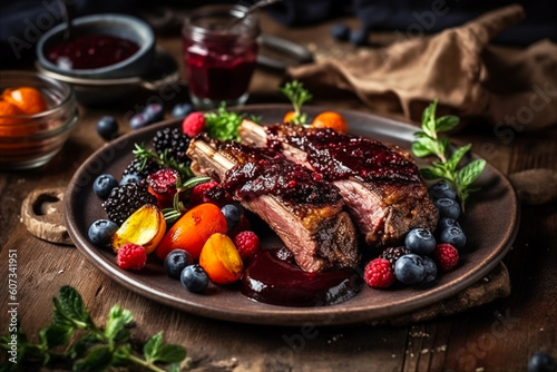 Grilled Venison Ribs with baked vegetables and berry sauce. AI generated.