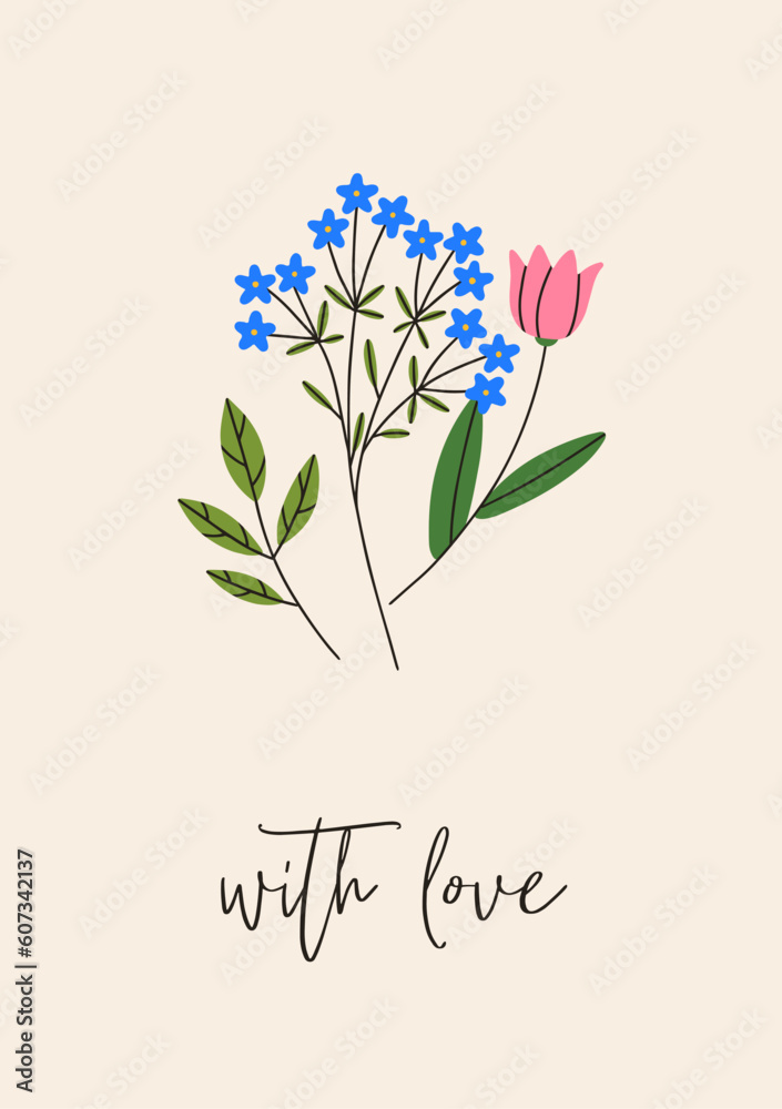 Flower card with love. Nature postcard, meadow plants, field flowers posy. Summer blossomed blooming herbs, fragile gentle wildflowers on vertical romantic background. Flat vector illustration