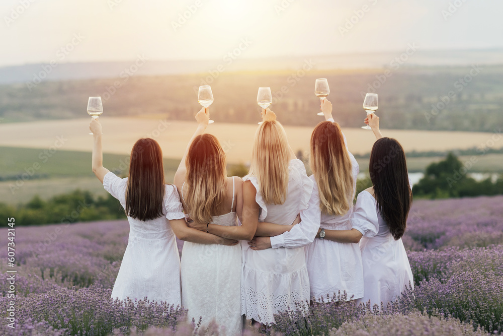 Group of girlfriends raise a toast with glasses of white wine on a sunset. Back view.